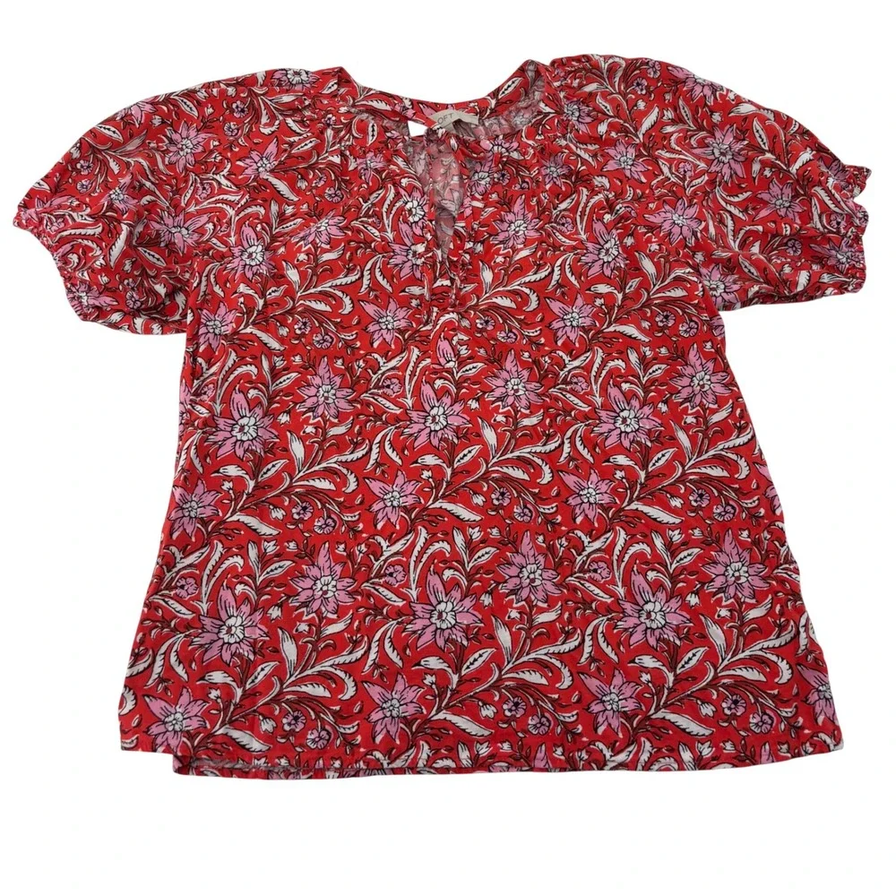 LOFT Womens XS Red Floral Split Neck Puff Sleeve Cotton Rayon Blouse Top